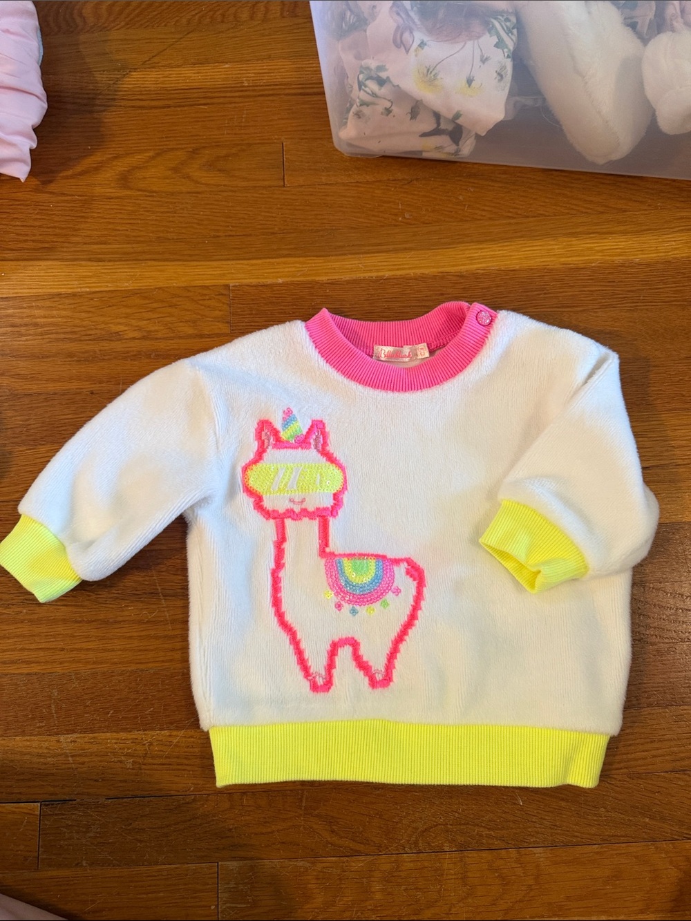 Billieblush White Sweater with Neon Pink & Neon Yellow Llama